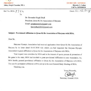 Affiliation Letter to Qwan Ki Do Association of Haryana